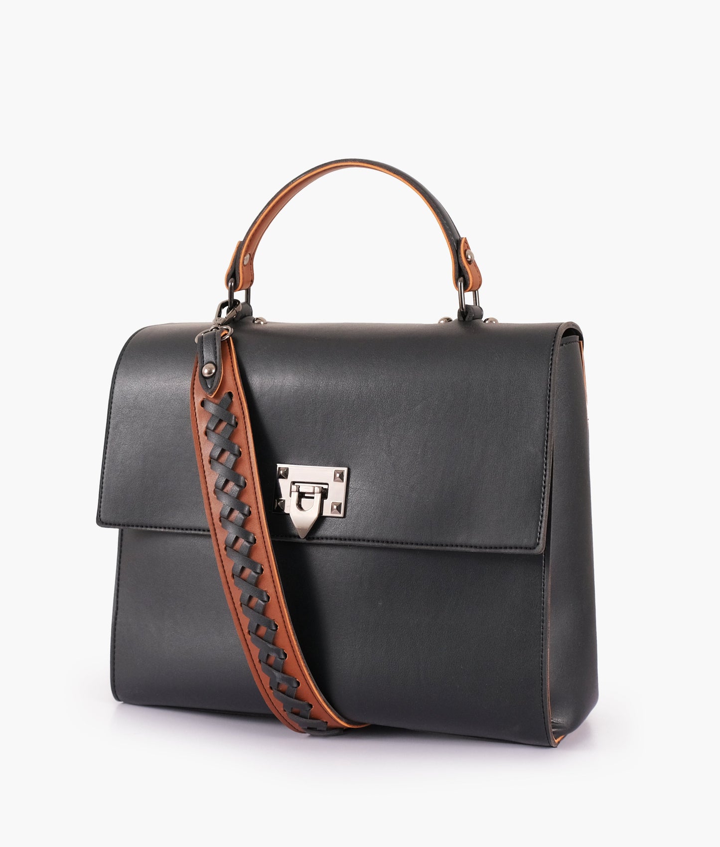 Black flap-over top-handle bag