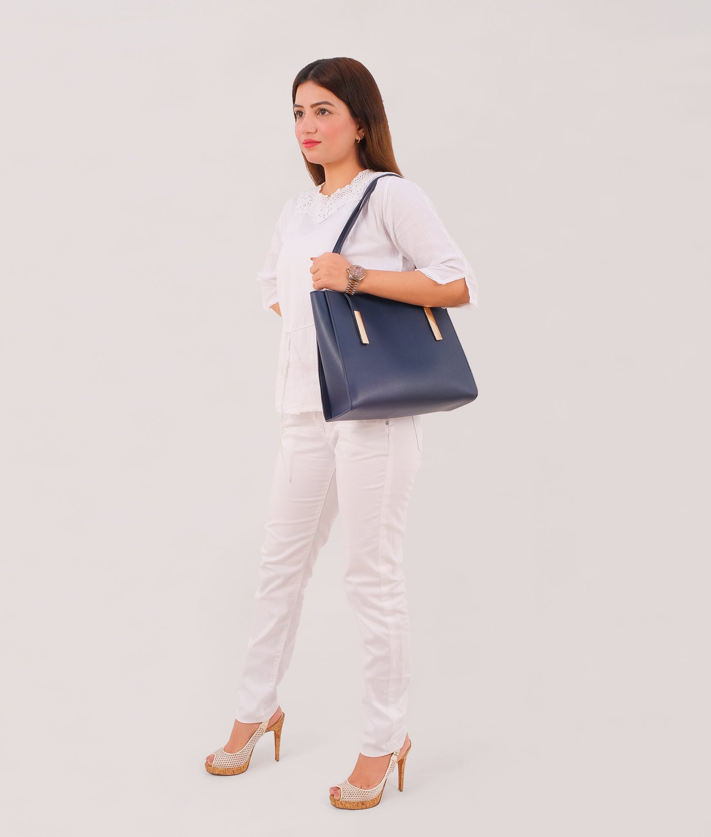 Blue zipper shoulder bag with long handle